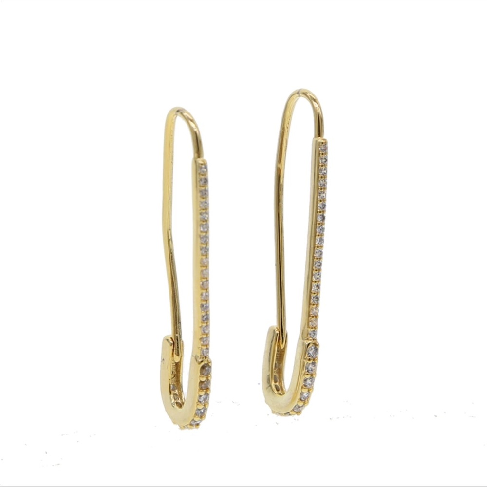 Last Pair Gold Vermeil CZ Safety Pin Earrings - Picture 2 of 8